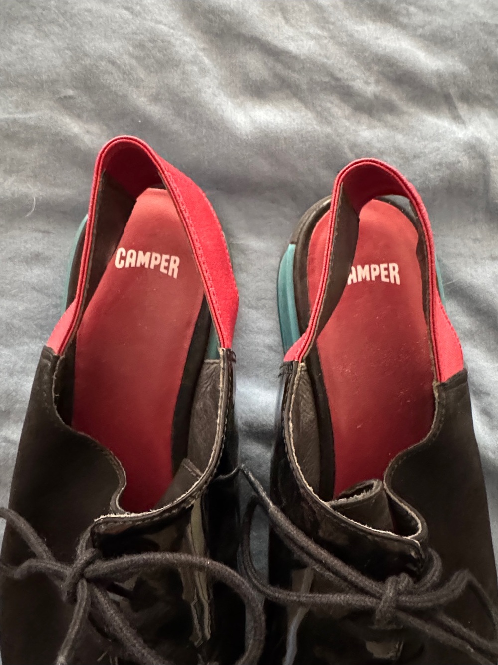 Camper Women’s Black Oxford sling backs with Red and Turquoise Heel Accent - Picture 2 of 7
